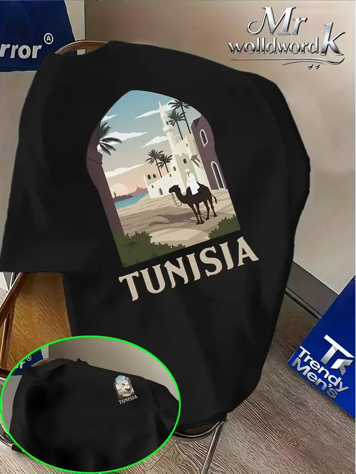 T-shirt pour homme de style nord-africain avec un motif de désert et de mosquée tunisiens