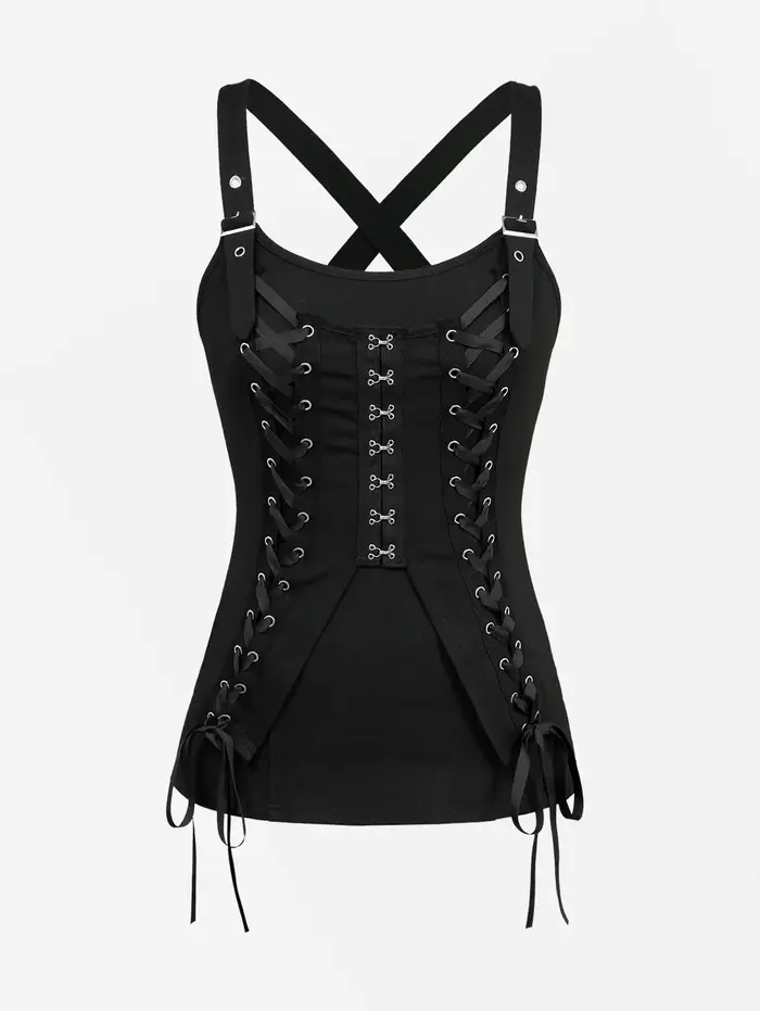 Débardeur Gothique Femme Noir à Lacets Croisés et Fermeture Crochet et Œillet – Nouvelle Collection 