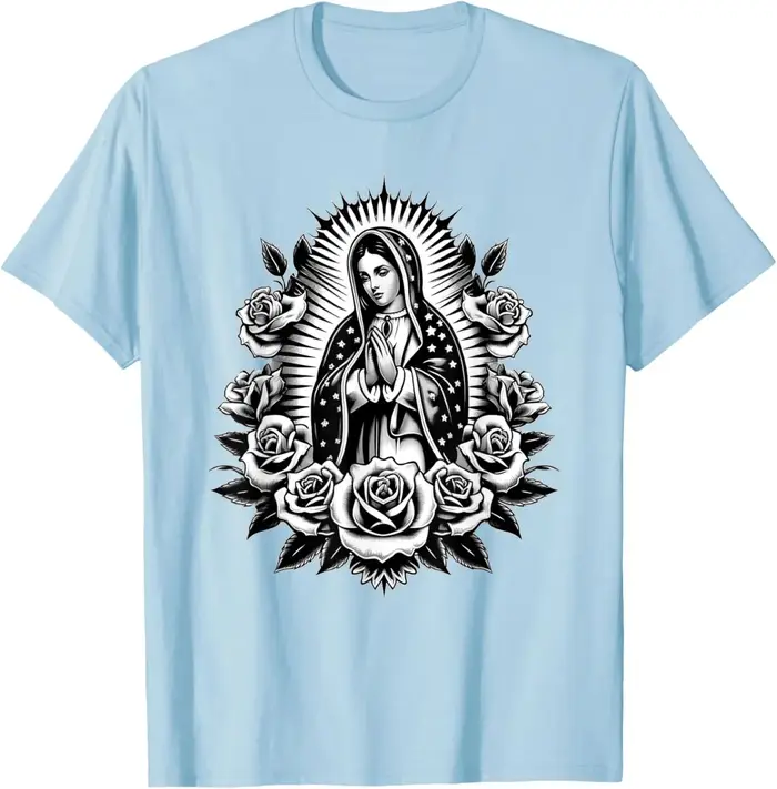Vierge Marie Guadalupe Roses T-Shirt graphique religieux catholique Virginita imprimé fleuri T-Shirt