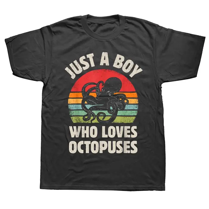 Poulpe : Juste un garçon qui aime les animaux marins - T-shirt rétro vintage pour hommes, en coton, décontracté, surdimensionné, streetwear d'été