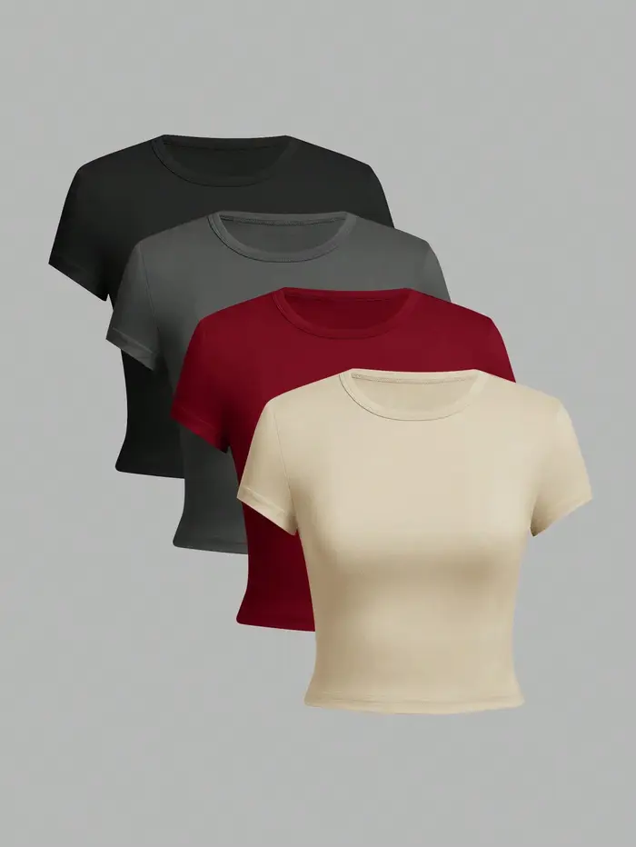 4 pièces couleur unie basique à manches courtes T-shirt ajusté pour les femmes décontracté été minimaliste