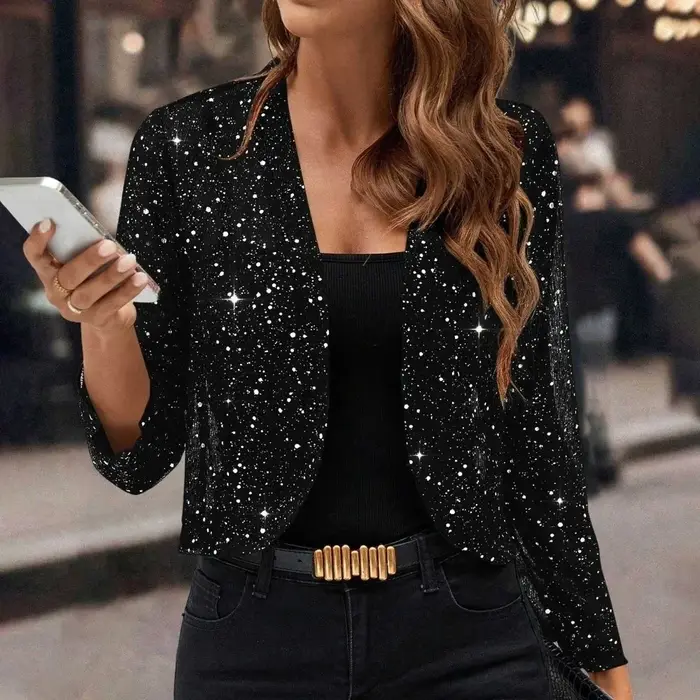 Cardigan pour femme à manches 3/4, doux et confortable, ouvert sur le devant, avec paillettes brilla