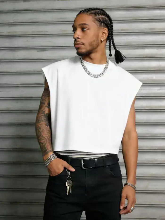 Débardeur Homme Oversize Décontracté Streetwear Uni Épaules Larges Court en Polyester Tailles S-2XL 