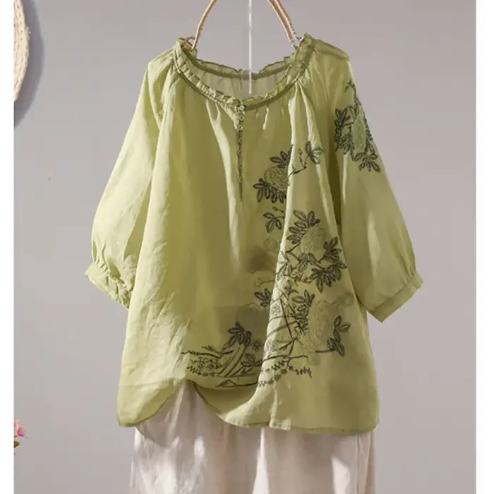 T-shirts à col volanté et boutons, broderie vintage, vêtements pour femmes, printemps été, nouveaux 