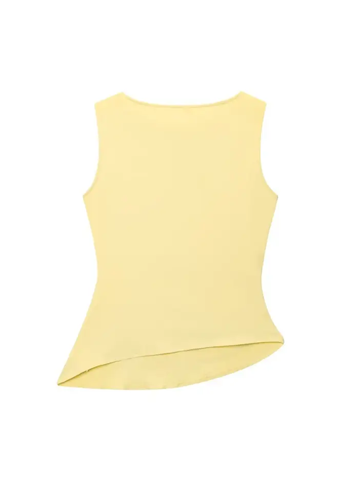 Débardeur asymétrique froncé jaune sans manches pour femme – Tendance décontractée pour la plage et l'été