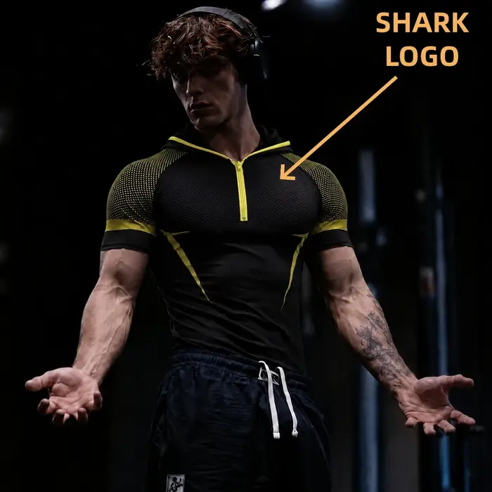 T-shirt à capuche GYM ONYX V5, combinaison de fitness avec logo en silicone SHARK, haut d'entraînement pour sports de plein air, haut à capuche à manches courtes pour la course à pied et le fitness