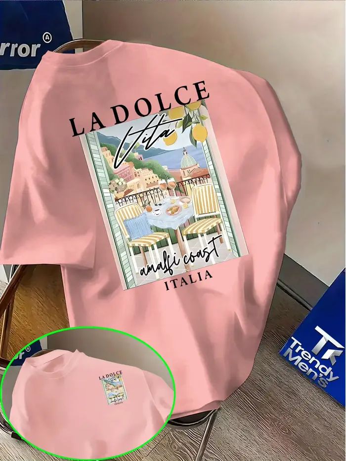 T-shirt pour homme en coton 100% avec imprimé La Dolce Vita Amalfi Coast, idéal pour les vacances d'