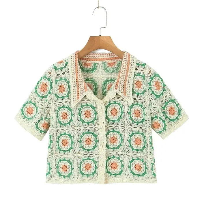 Vintage Crochet tricoté culture hauts Blouse chemises pour femmes décontracté à manches courtes évider chemise été Boho plage Plaid Blusas