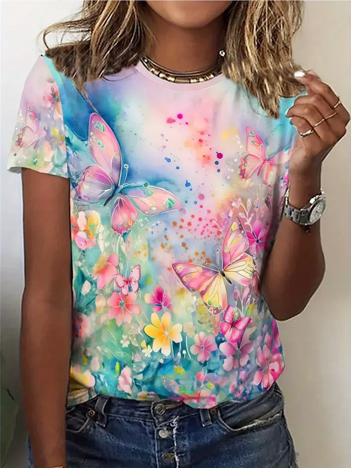 T-shirt pour femme - Motif papillon rose et aquarelle florale