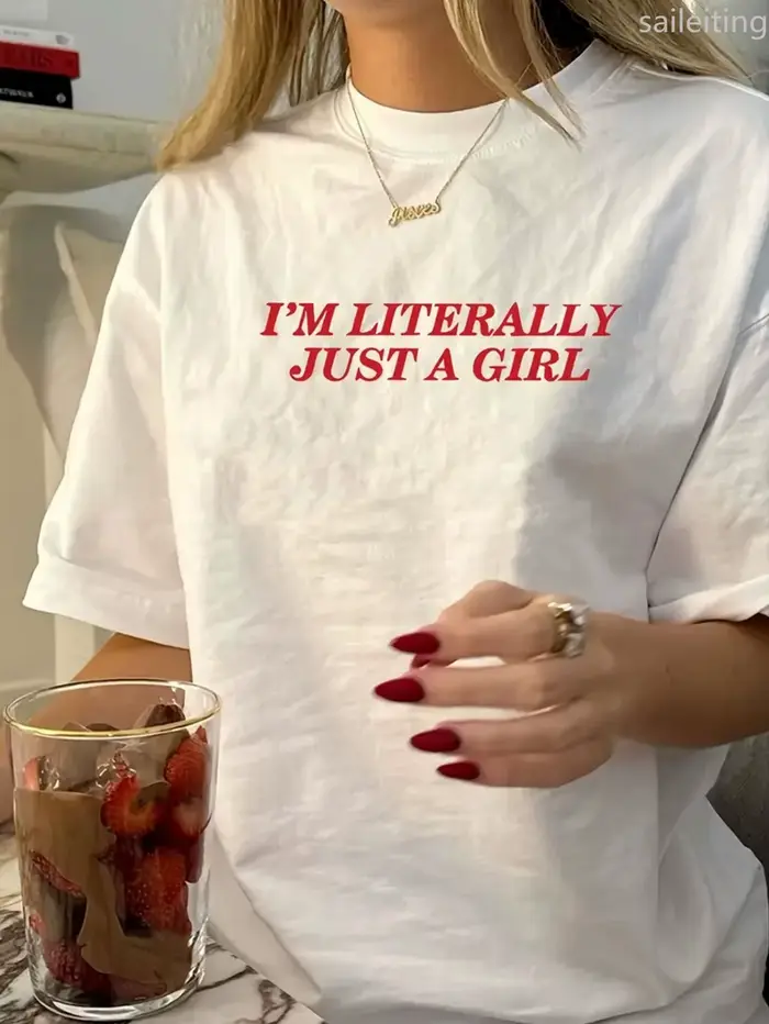 T-shirt à manches graphiques «je littéralement seulement un » pour femmes, noir avec texte rouge, pa