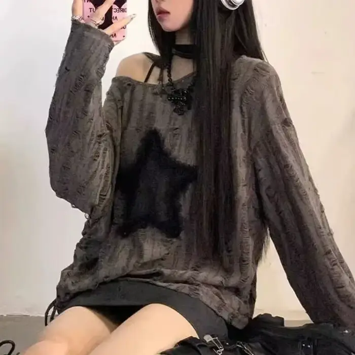 Y2K trou étoile imprimé T-Shirt femmes mode Streetwear épaules nues hauts été surdimensionné Kpop à manches longues t-sh