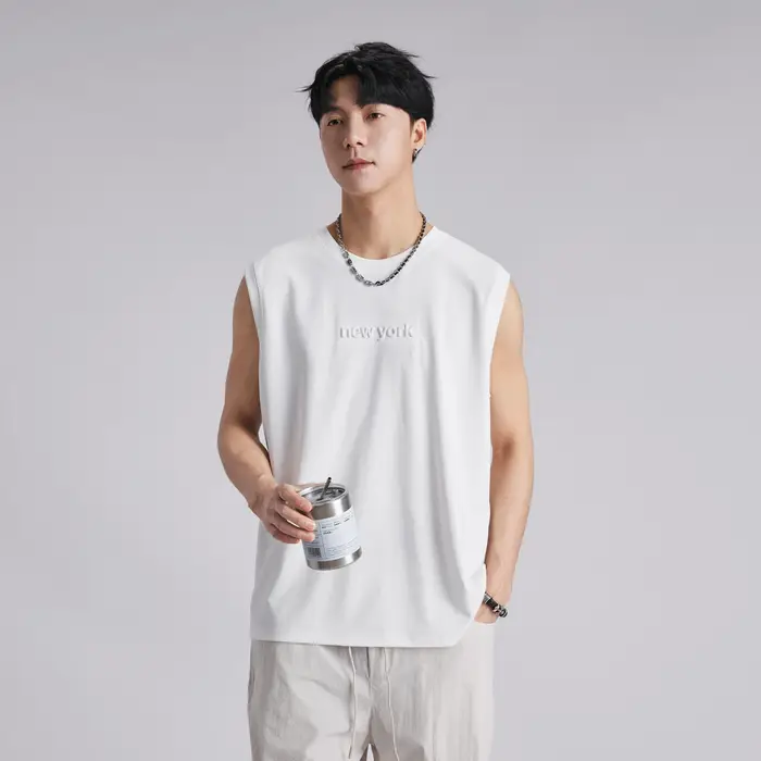 Débardeur Homme Tendance Style Américain Lettres Gaufrées Été 2026 Ample Respirant Doux pour la Peau Sport Décontracté Sans Manches