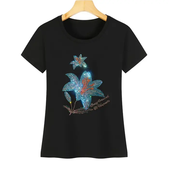 T-Shirt à fleurs en strass pour femmes, en coton de soie glacée, à manches courtes, décontracté, à l