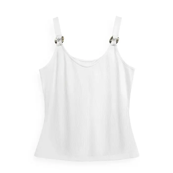 Débardeur côtelé blanc pour femme, col en V, bretelles à anneaux métalliques, coupe ajustée, sans ma