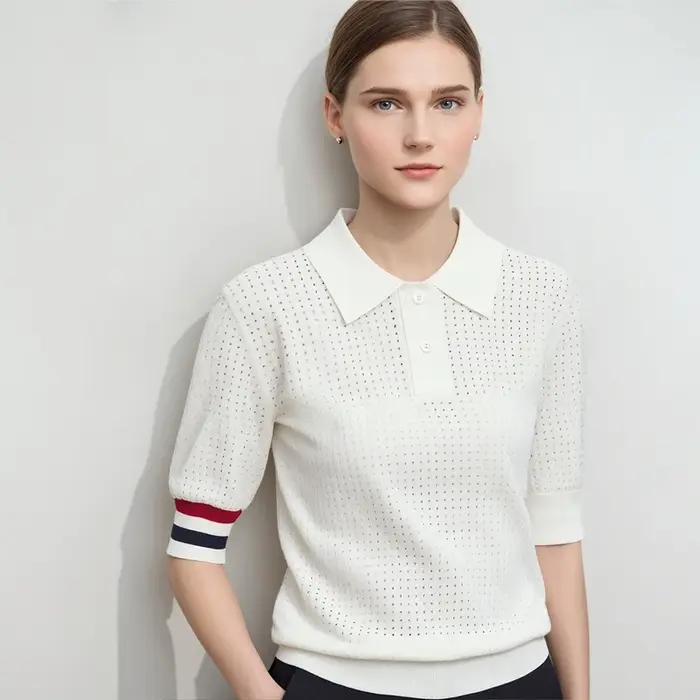 Chemises Polo AMII Femme Printemps 2026 Nouveau Col Revers Décontracté Contraste de Couleurs Rayé Tricoté T-shirts Haut