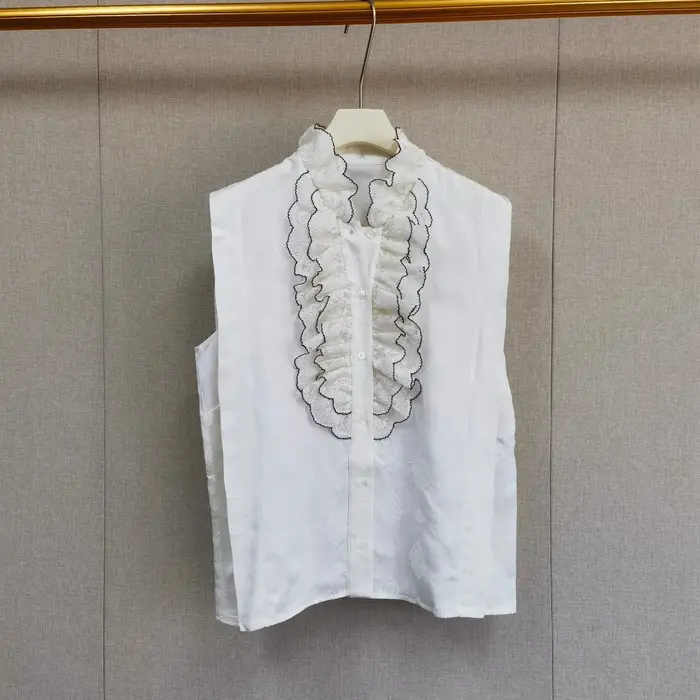 Nouvelle chemise d'été sans manches à col montant pour femme, avec bord festonné et empiècements, co