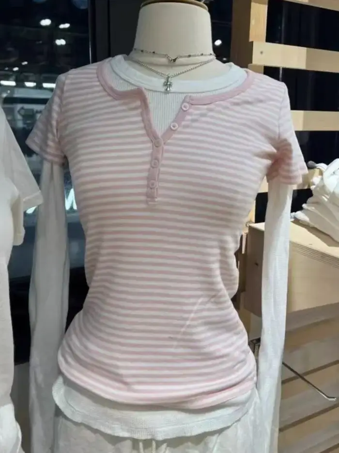 Doux petit rose rayé T-shirts femmes nouveau coton col rond décontracté mince boutons à manches cour
