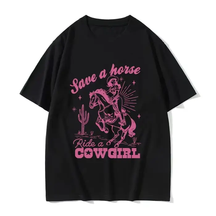 Save A Horse Ride A Cowgirl Imprimé T-shirt Hommes Femmes Rétro Esthétique Mode T-shirts Décontracté Surdimensionné