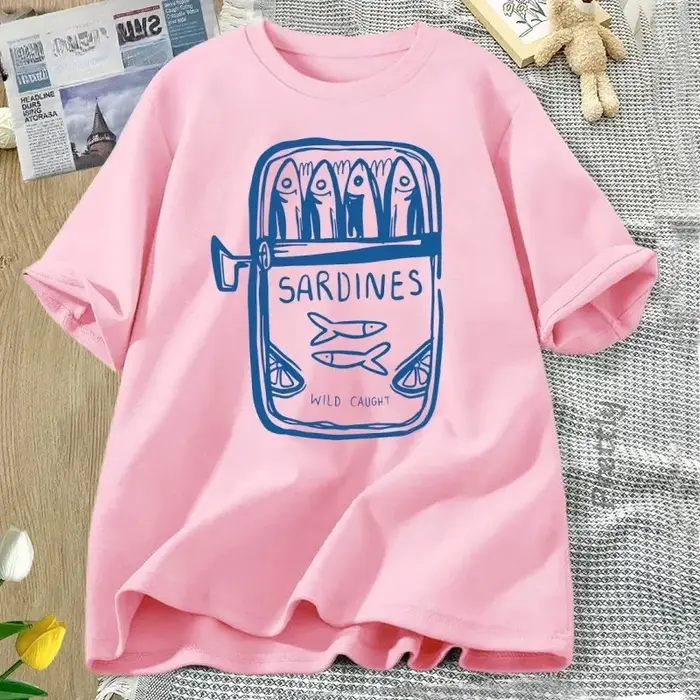 Sardine pêcheur plage imprimé à manches courtes t-shirt décontracté col rond