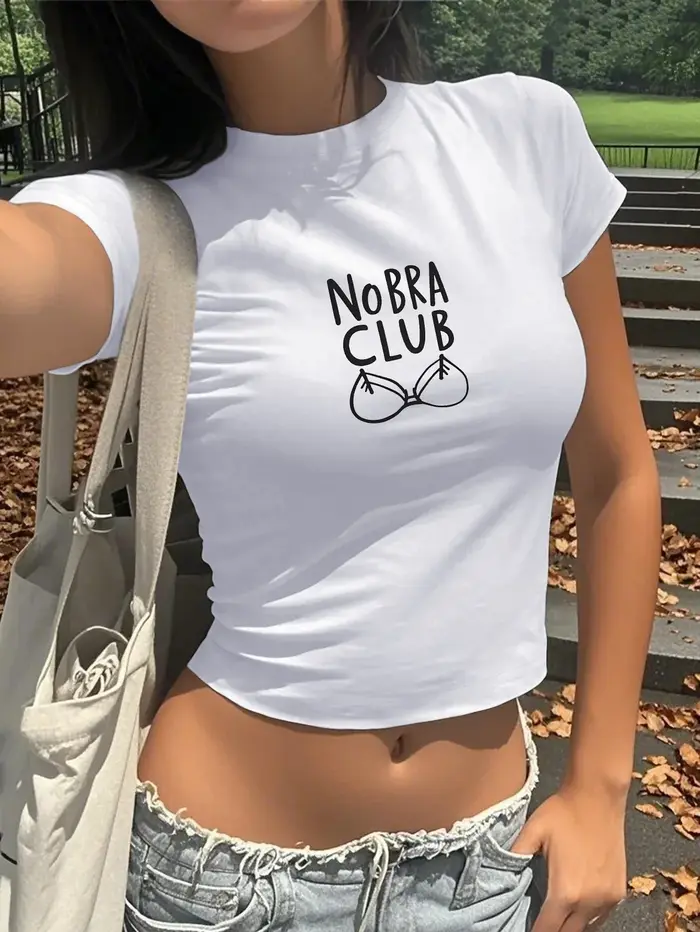 T-shirt graphique sans soutien-gorge pour femme avec texte audacieux, hauts d'été à manches courtes 