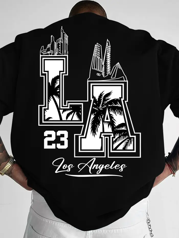 T-shirt imprimé pour homme, style rétro américain Los Angeles LA 23, col rond ample, style streetwea