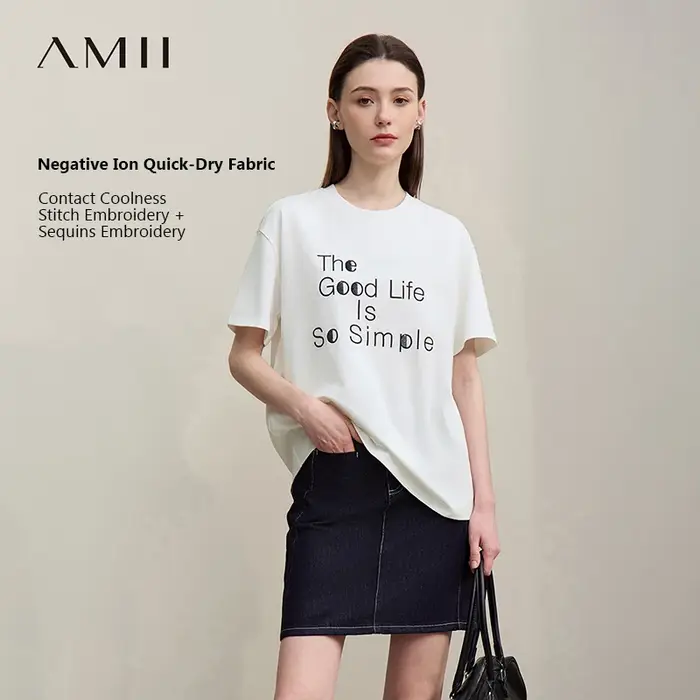 T-shirt Amii Femme Été 2026 Nouveau Décontracté Col Rond Broderie Lettres T-shirt Ample en Coton à M