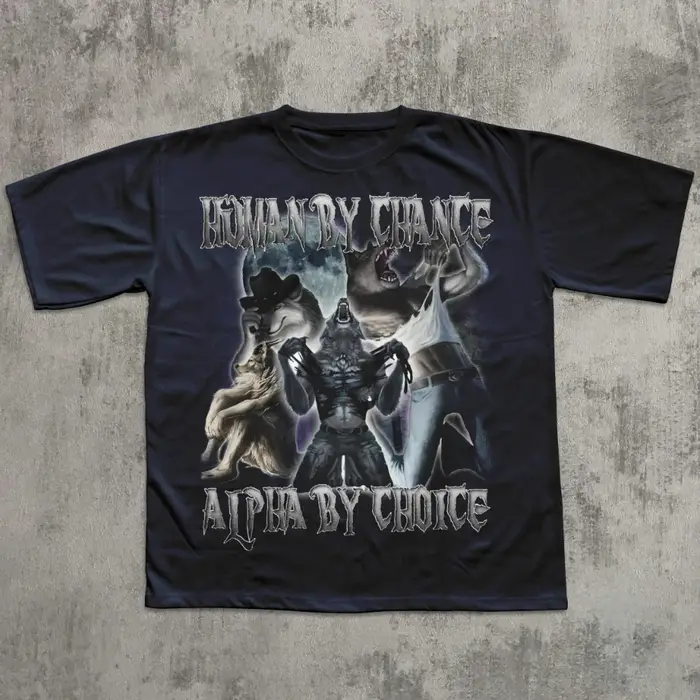 T-shirt drôle et ironique « Human By Chance Alpha By Choice » avec loup déchirant