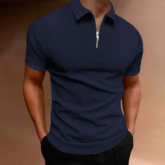 Polo pour hommes, couleur unie, manches courtes, fermeture éclair, revers, haut décontracté