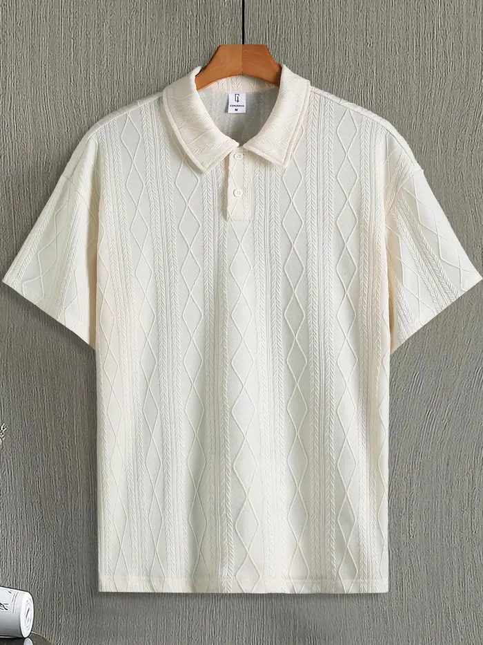 Polo à manches courtes pour homme, texture Argyle beige, coupe ample, style décontracté chic, idéal