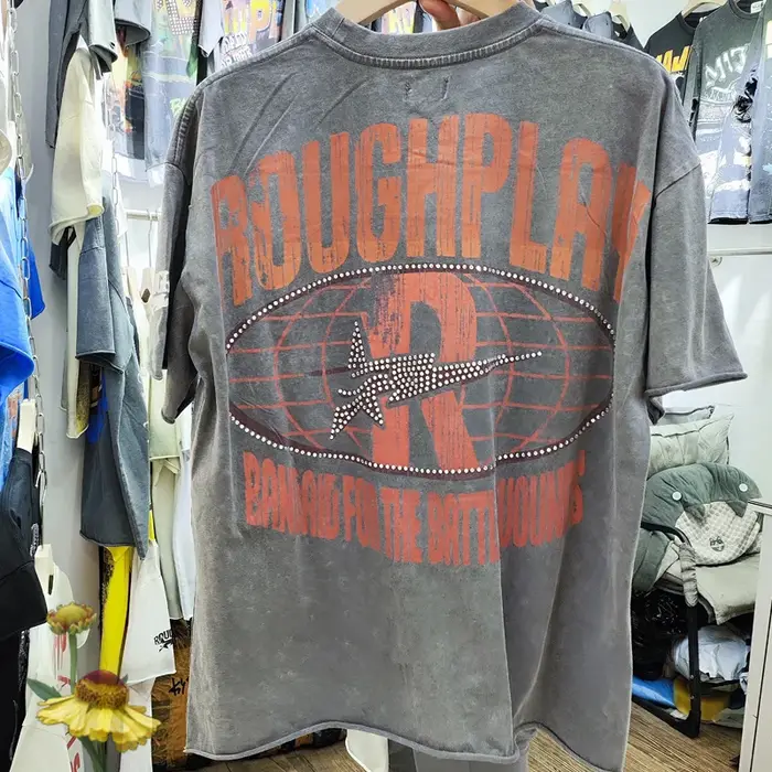 T-shirt Homme Américain Rétro Délavé à Paillettes et Clous Effet Vieilli et Troué