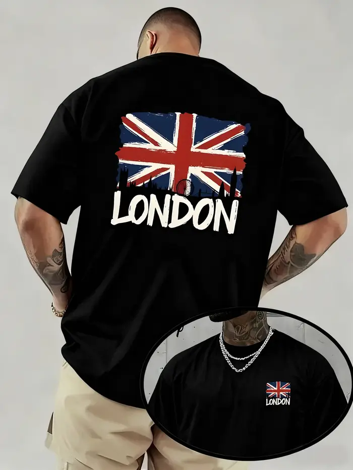 T-shirt graphique pour homme, motif Londres, double face, drapeau britannique, silhouette urbaine, i