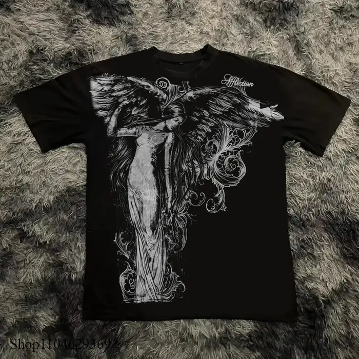 Classique Y2K Style gothique T-shirt imprimé surdimensionné T-shirt haute rue chemises gothique col