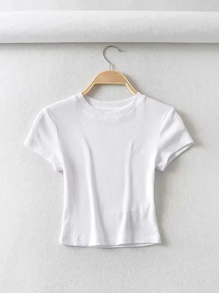 Été Sexy femmes col rond à manches courtes T-shirt mince élastique maigre culture hauts