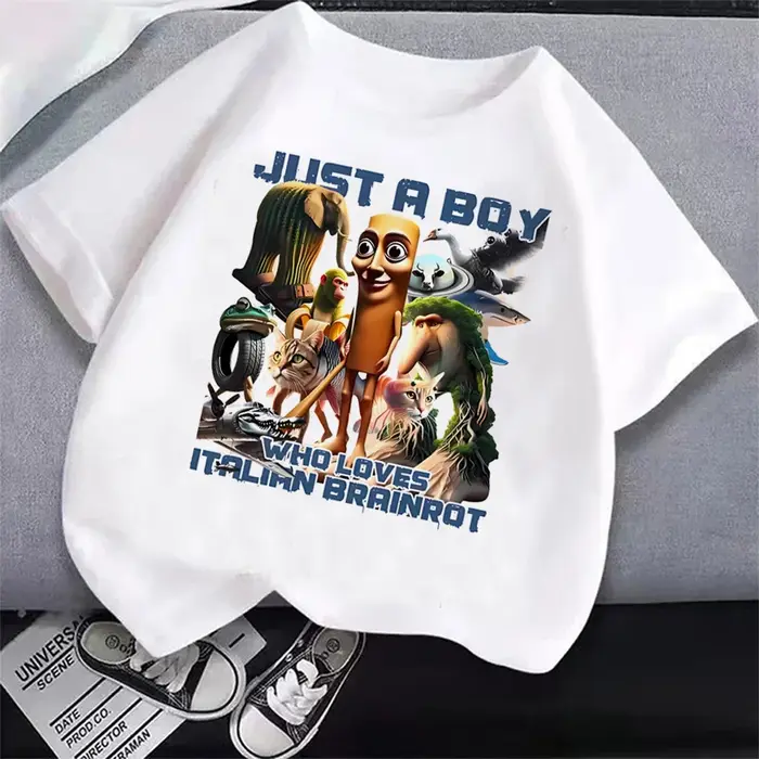 Italien Brainrot T-Shirt enfants dessin animé imprimé vêtements col rond basique garçons hauts absorbant chemises décontractées cadeau