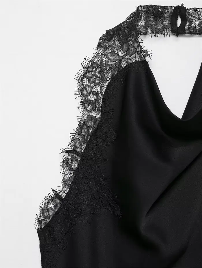 Satin dentelle noir asymétrique hauts femmes Sexy licou dos nu