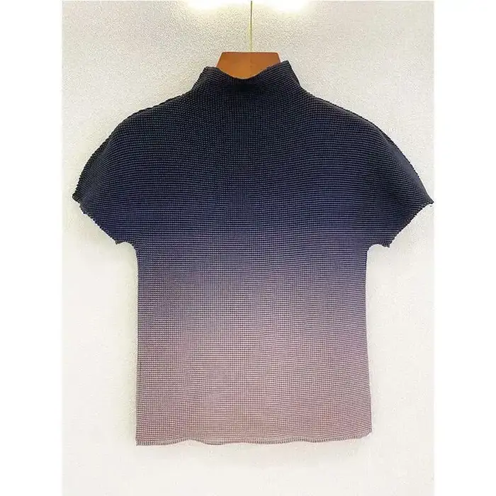 DEAT T-shirts plissés dégradés à col montant et manches courtes pour femme, style décontracté, nouvelle mode été 2026 15HT177