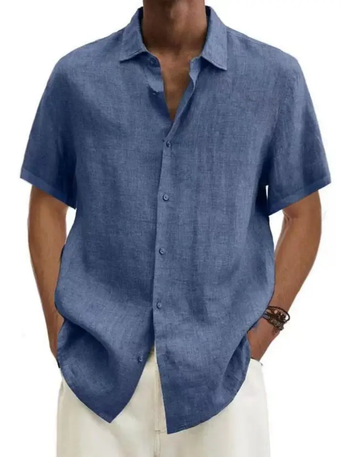 Chemise à manches courtes pour homme en mélange de lin, col boutonné décontracté, légère et respirante