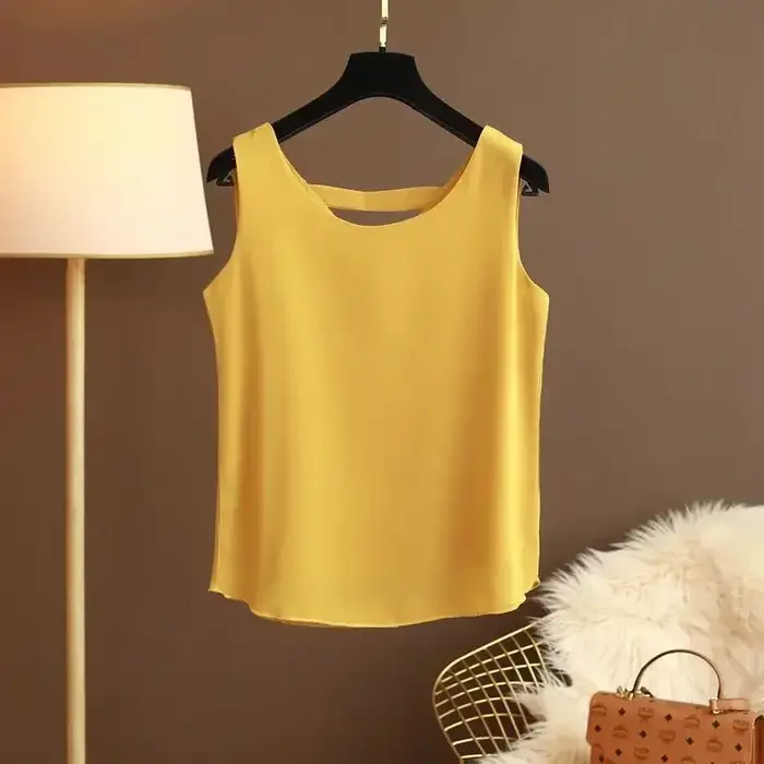 Star avec le même licou en mousseline de soie gilet femmes haut ample été nouveau vêtement à l'extérieur avec chemise à fond court sans manches MOYISU L-5XL
