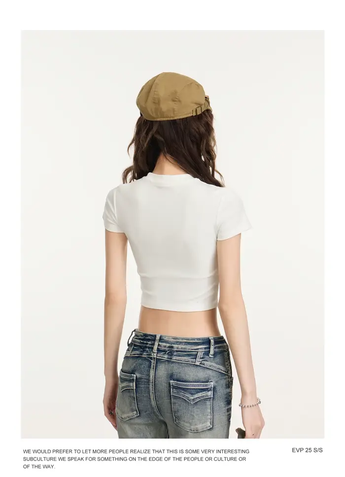 Haut court femmes LOGO personnalisé impression gratuite à manches courtes solide coupe ajustée col rond t-shirt basique
