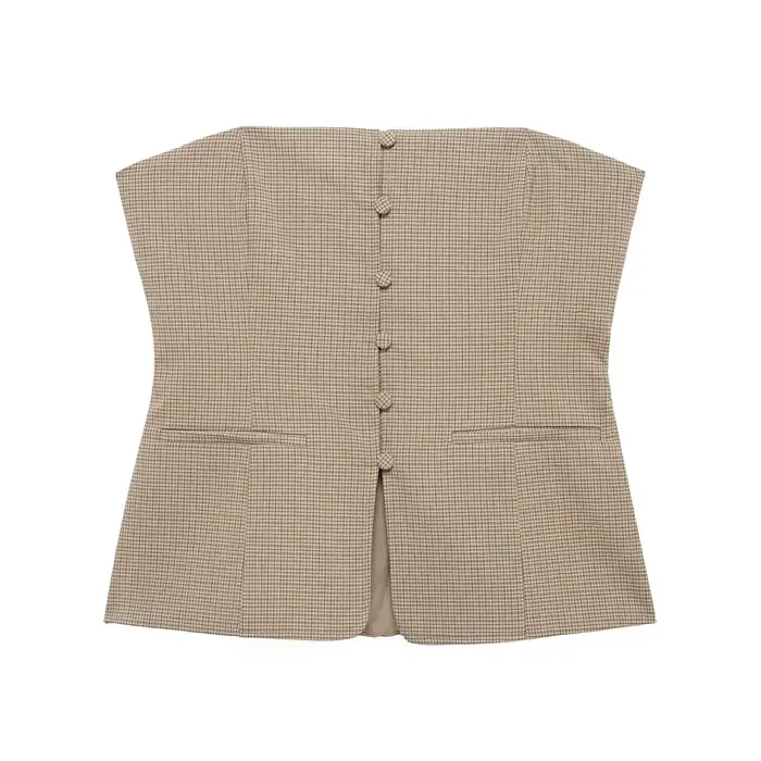 HH femmes été élégant épaules dénudées hauts courts femme mode vichy simple boutonnage poche décorer haut sans manches Mujer