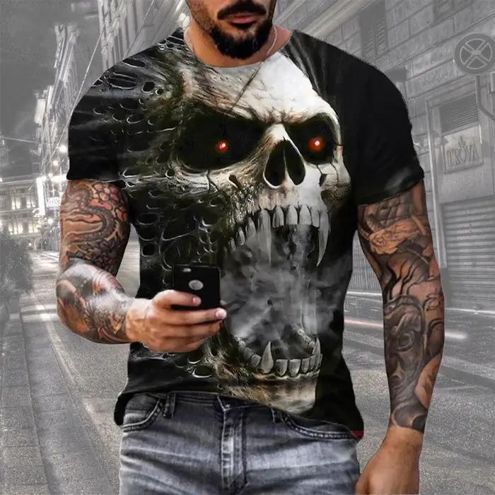 T-shirt imprimé tête de mort 3D rétro, hip hop, personnalité, super cool, horreur, décontracté, mode