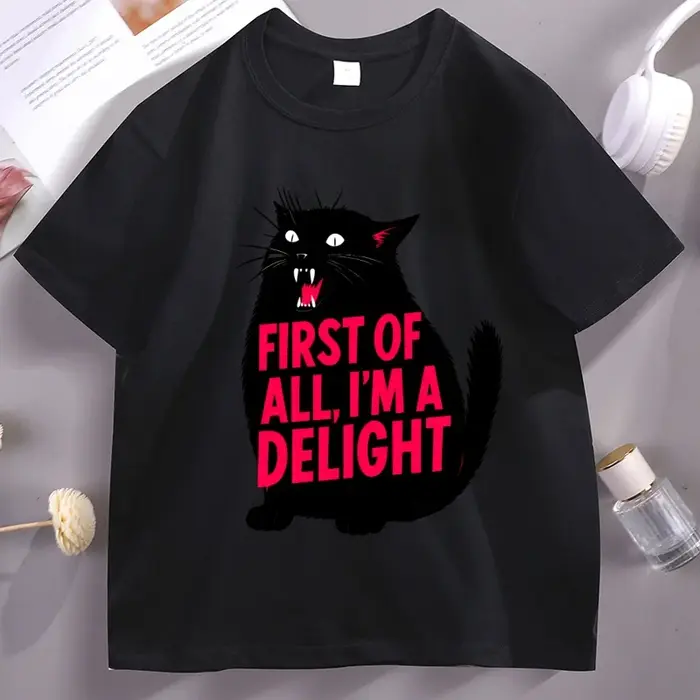Premier d'All I'm A Delight T-Shirt chat drôle T-Shirt coton à manches courtes col rond T-Shirt Anim