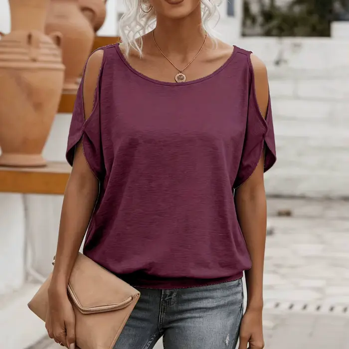 T-shirt femme décontracté à épaules dénudées, haut d'été à manches courtes, design ajouré, confortab