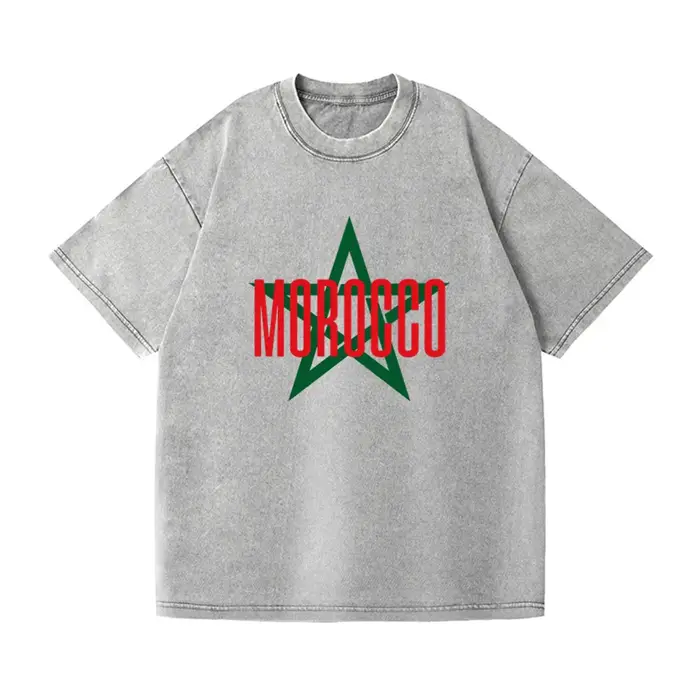 T-shirt Carte du Maroc Drapeau Vintage en Coton Lavé Décontracté pour Hommes et Femmes HJ-012
