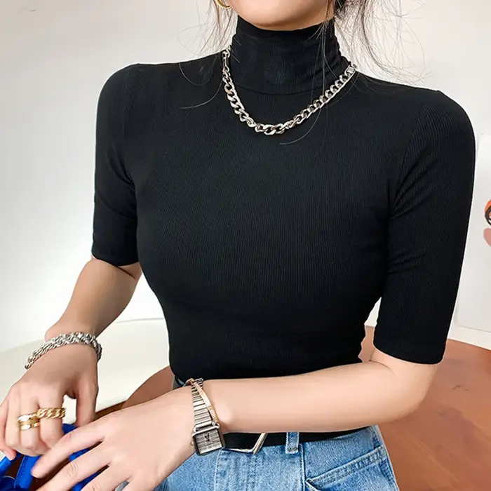T-shirt col roulé manches courtes femme, basique, en coton, slim, décontracté, élastique, blanc
