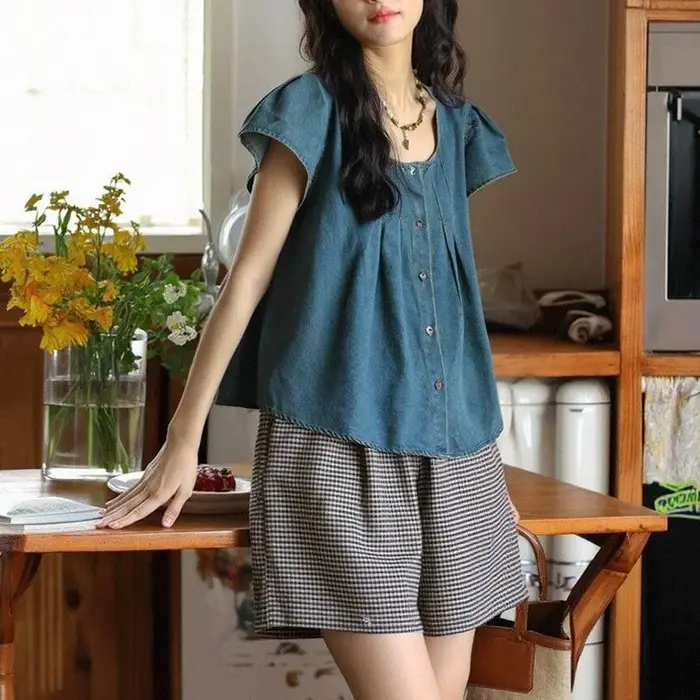 Chemise en jean japonaise à manches courtes pour femme