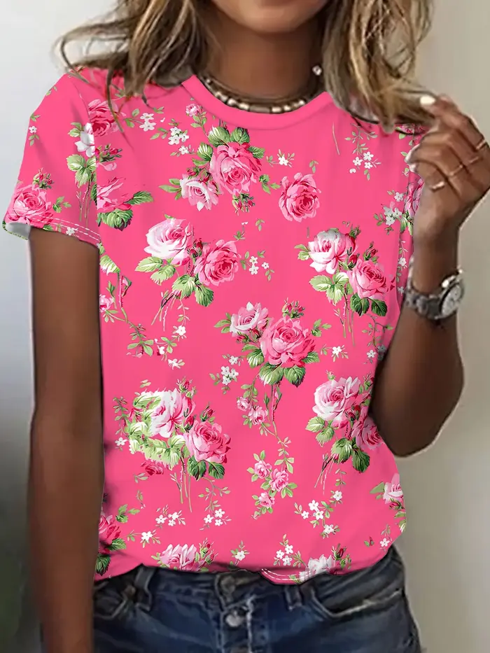 Tee-shirt pour femme – Graphique à motif floral rose