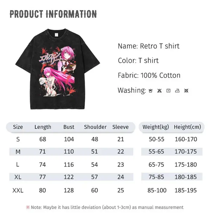 Anime Elfen Lied T-shirt Vintage lavé Y2K Manga motif haut t-shirts surdimensionné à manches courtes DTG impression