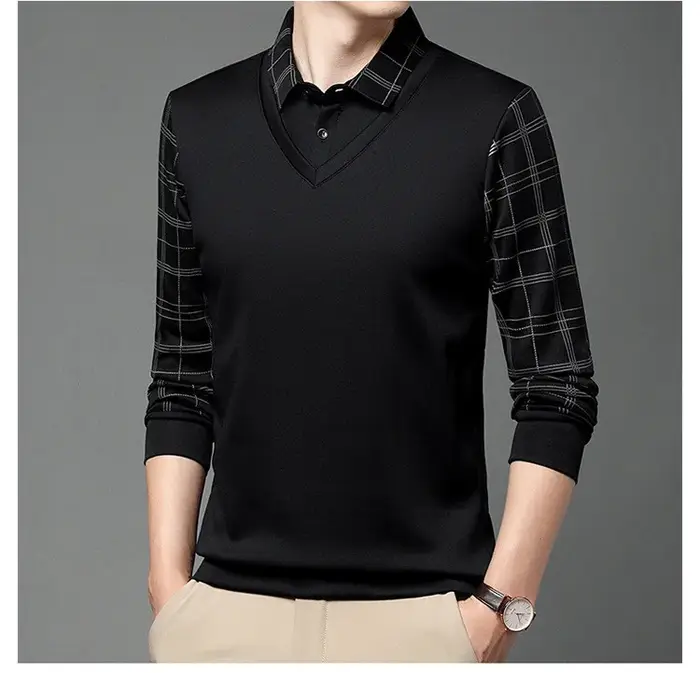 Nouveaux Polos Homme Printemps-Automne à Manches Longues, Chemises Décontractées à Col Effet Deux Pi