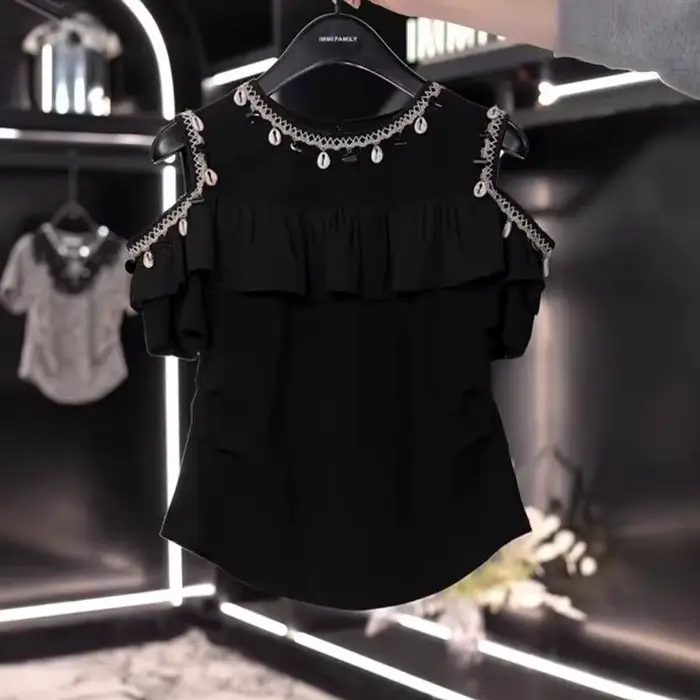 T-shirt à manches courtes pour femmes, épaules dénudées, à volants et paillettes françaises, nouveau